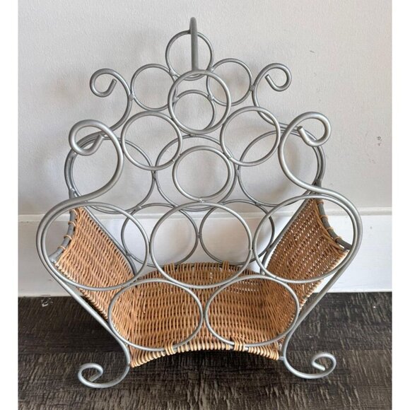 Vintage Wicker Wine Bottle Holder Rack Metal Stand Storage Decor - Picture 5 of 8